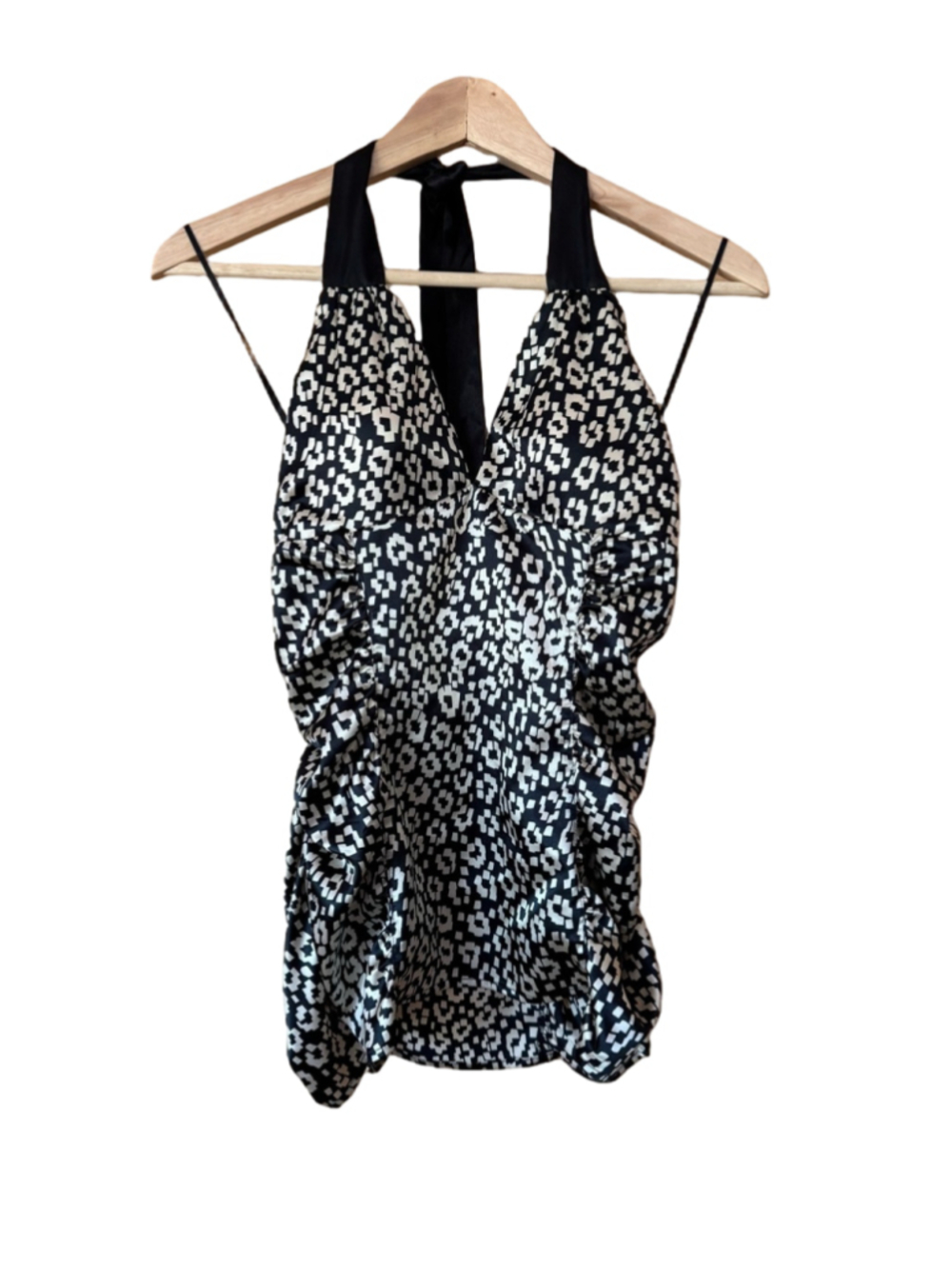 Guess Stretch Black & Cream Abstract Print Halter Top size large